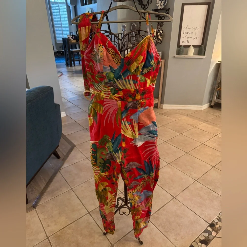 Farm Rio Leopard Jumpsuit Belted Floral Tropical Size XS - Picture 5 of 9